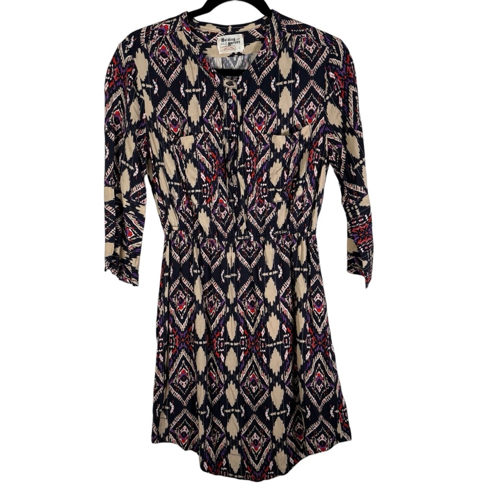 Holding Horses Anthropologie Women’s 2 Dress Buttons Chic Aztec 3/4 Sleeve